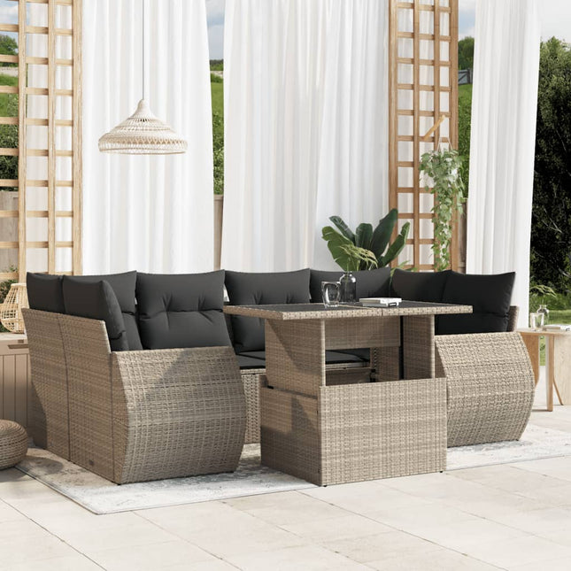 7-delige Loungeset met kussens poly rattan lichtgrijs