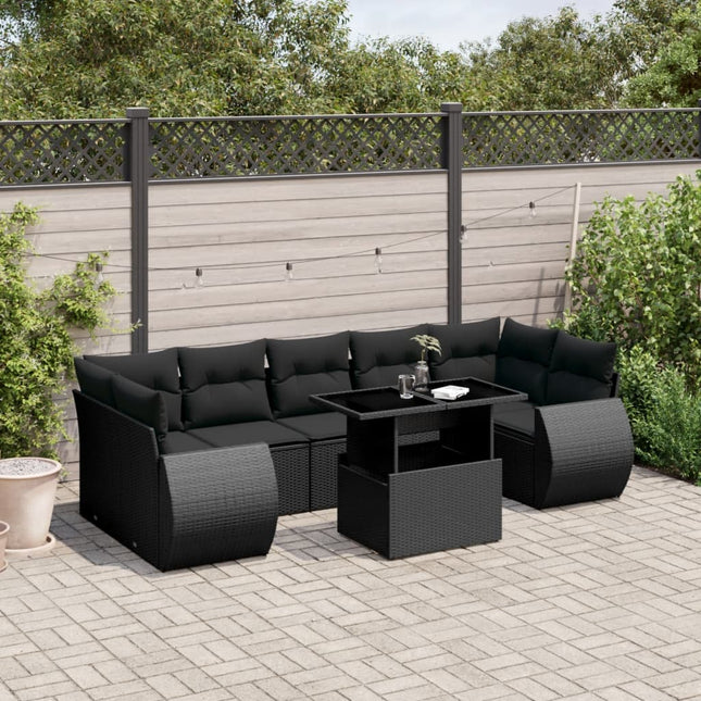 8-delige Loungeset met kussens poly rattan zwart