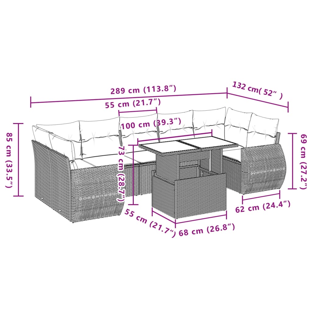 8-delige Loungeset met kussens poly rattan zwart