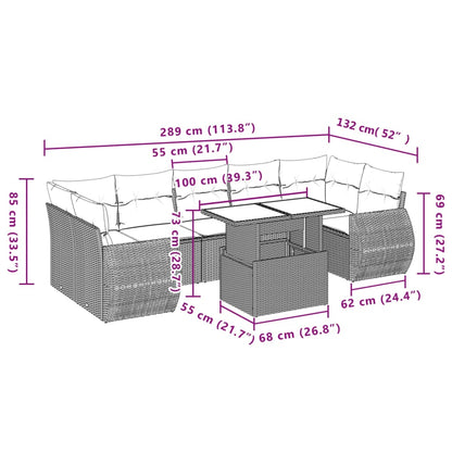 8-delige Loungeset met kussens poly rattan zwart