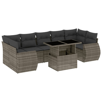 8-delige Loungeset met kussens poly rattan grijs