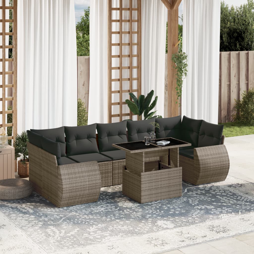 8-delige Loungeset met kussens poly rattan grijs