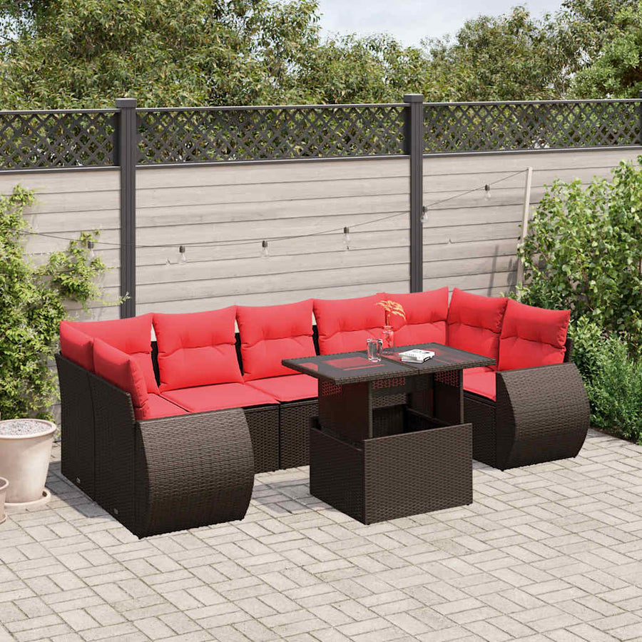 8-delige tuinbankset met kussens, bruin polyrotan