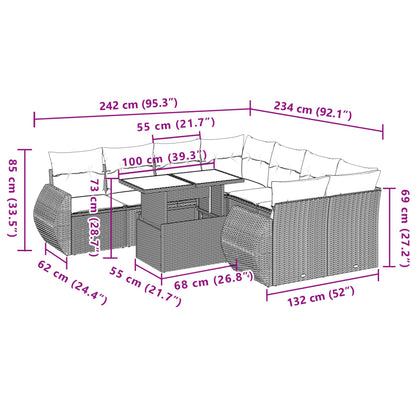 9-delige Loungeset met kussens poly rattan zwart