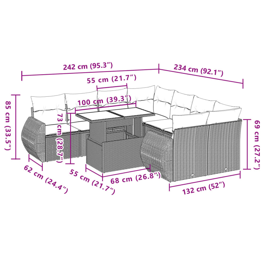 9-delige Loungeset met kussens poly rattan zwart