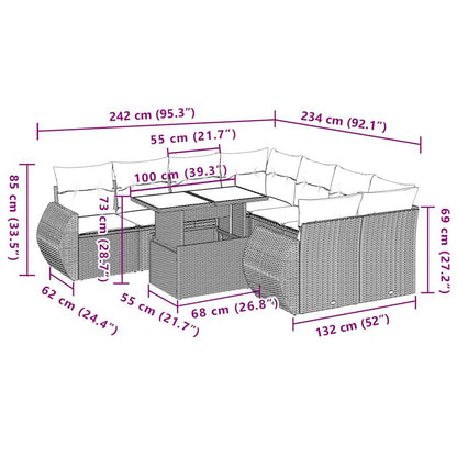 9-delige tuinbankset met kussens van zwart polyrotan