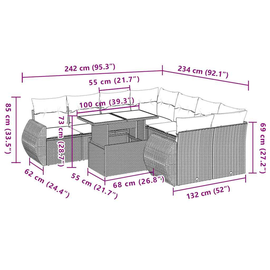 9-delige tuinbankset met kussens van zwart polyrotan