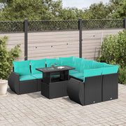 Tuinbankset 9-delig polyrotan zwart met kussens
