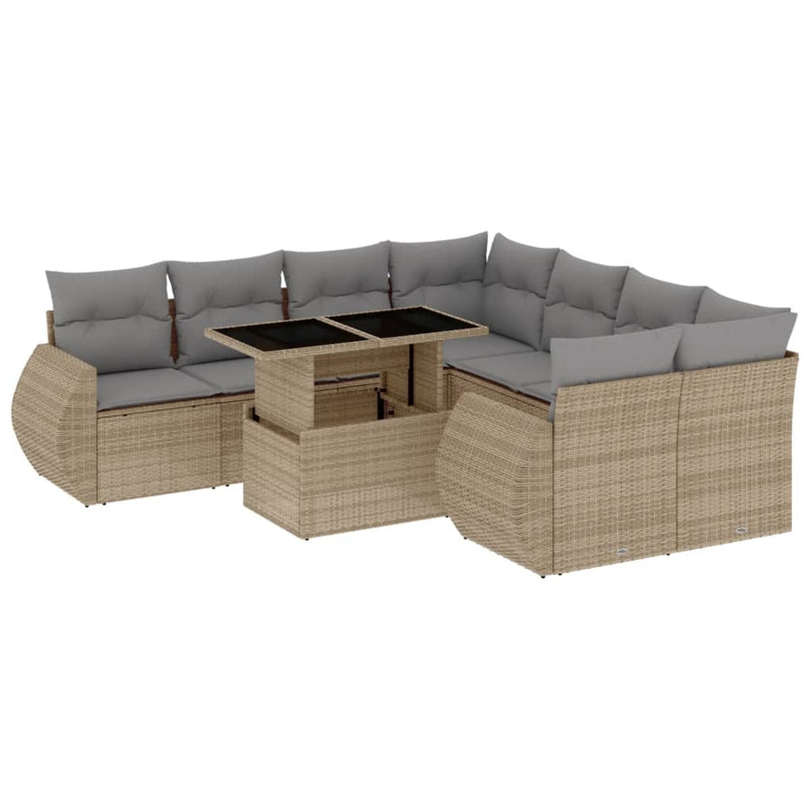 9-delige Loungeset met kussens poly rattan beige