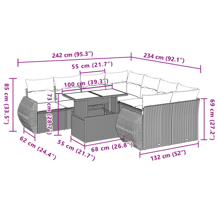9-delige Loungeset met kussens poly rattan beige