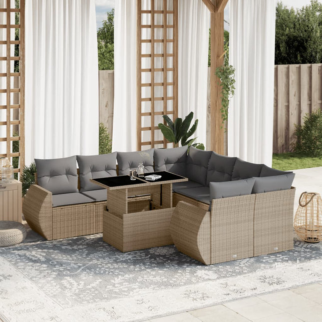 9-delige Loungeset met kussens poly rattan beige