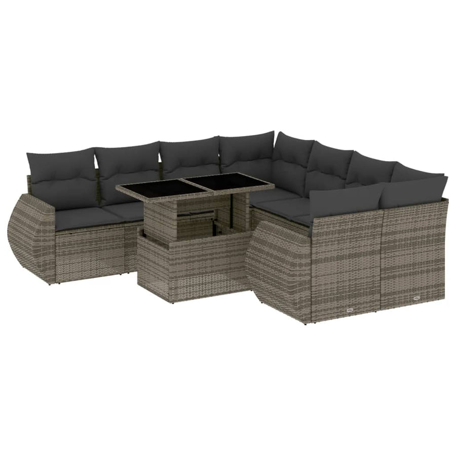 9-delige Loungeset met kussens poly rattan grijs