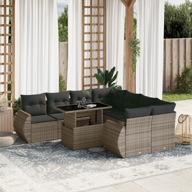 9-delige Loungeset met kussens poly rattan grijs