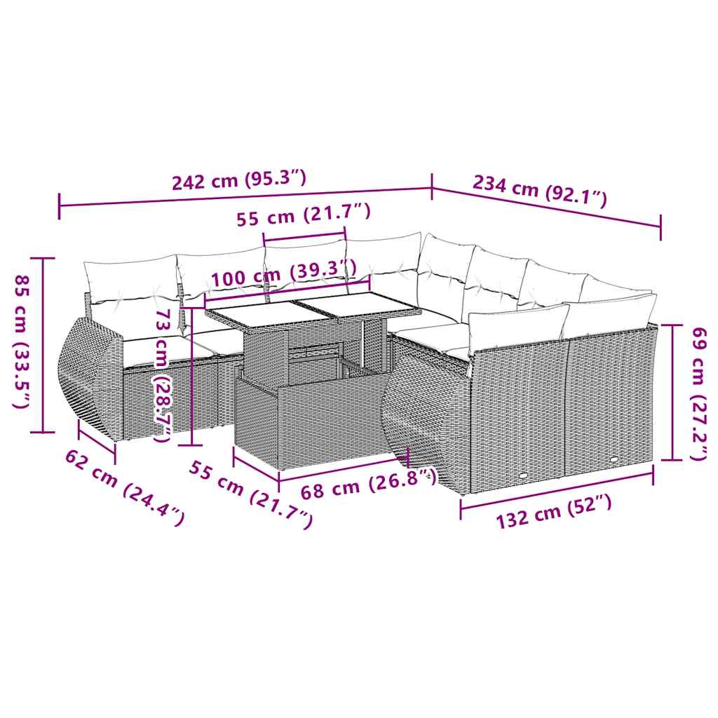 9-delige tuinbankset met kussens, grijs polyrotan