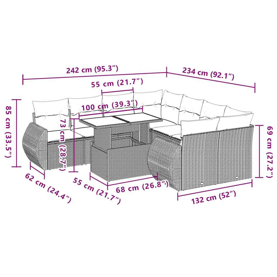 9-delige tuinbankset met kussens, grijs polyrotan