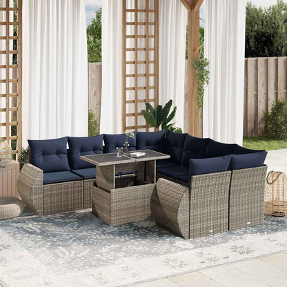 9-delige tuinbankset met kussens, grijs polyrotan