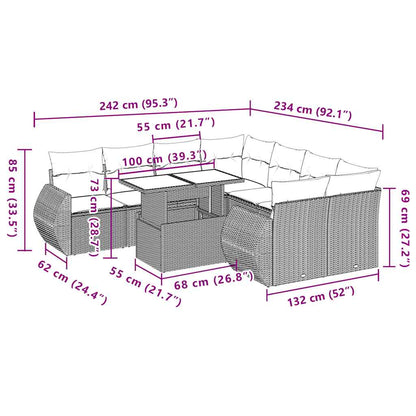 9-delige tuinbankset met kussens, bruin polyrotan