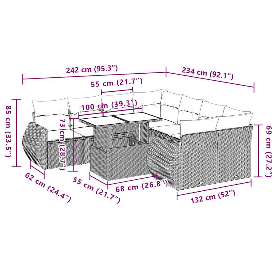 9-delige tuinbankset met kussens, bruin polyrotan