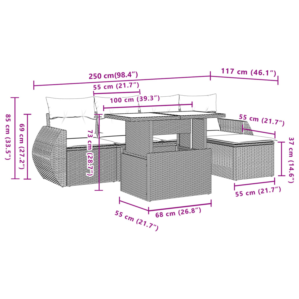 6-delige Loungeset met kussens poly rattan zwart