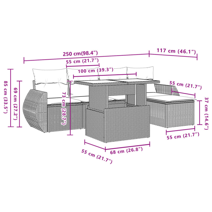 6-delige Loungeset met kussens poly rattan zwart