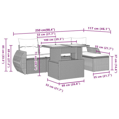 6-delige Loungeset met kussens poly rattan zwart