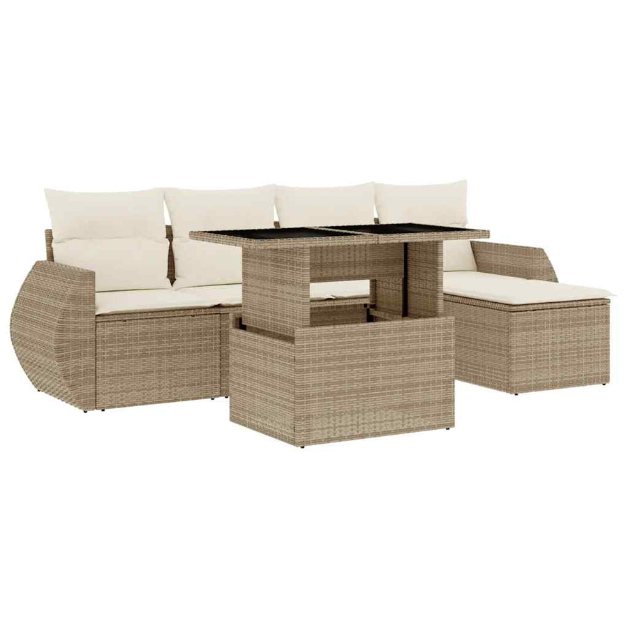 6-delige Loungeset met kussens poly rattan beige