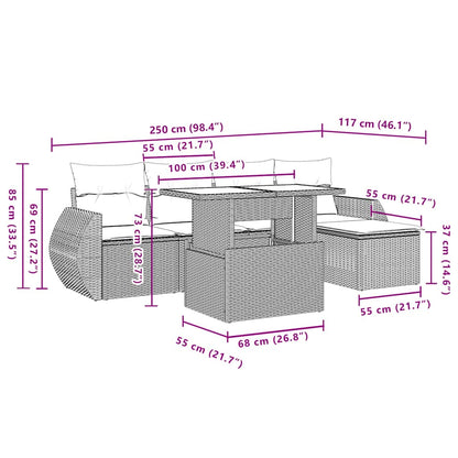 6-delige Loungeset met kussens poly rattan beige