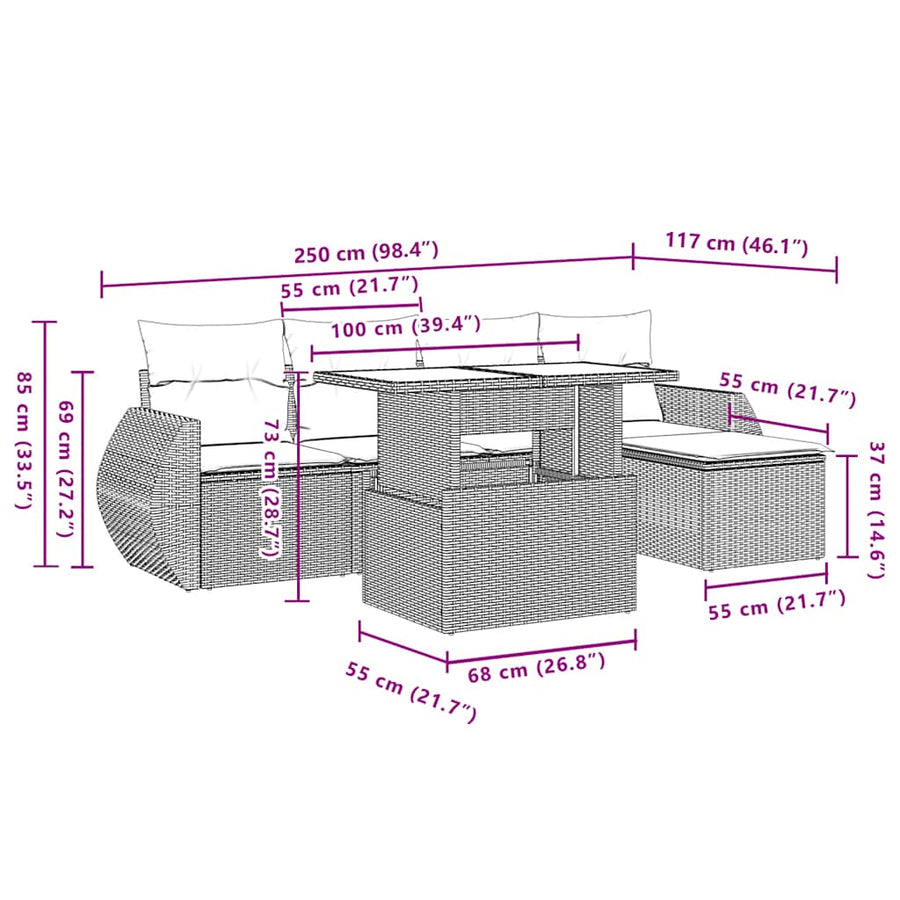 6-delige Loungeset met kussens poly rattan beige
