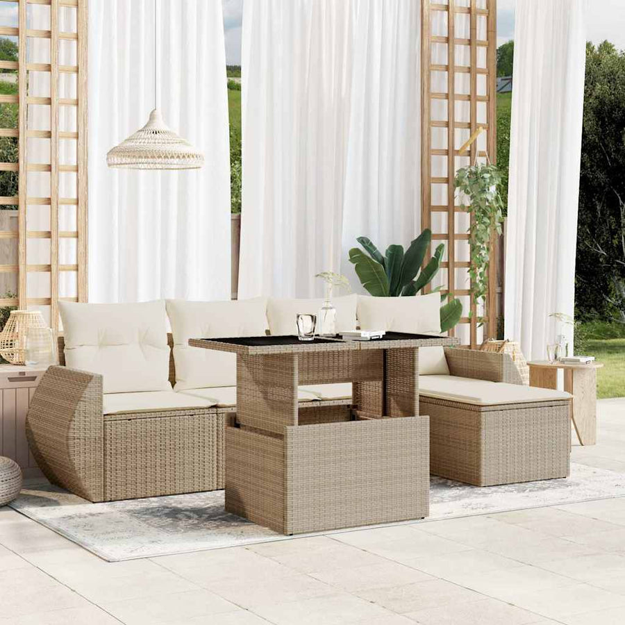 6-delige Loungeset met kussens poly rattan beige