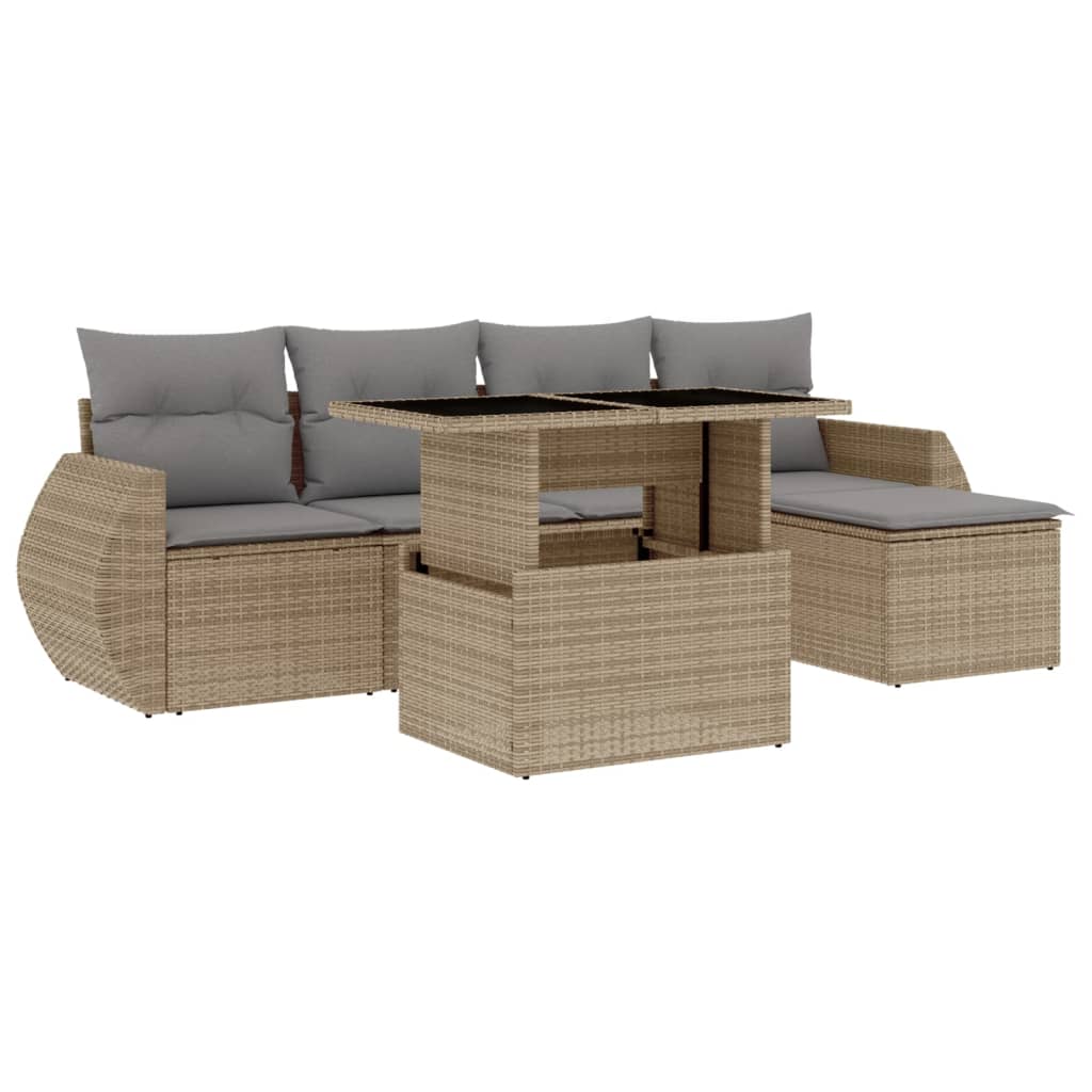 6-delige Loungeset met kussens poly rattan beige