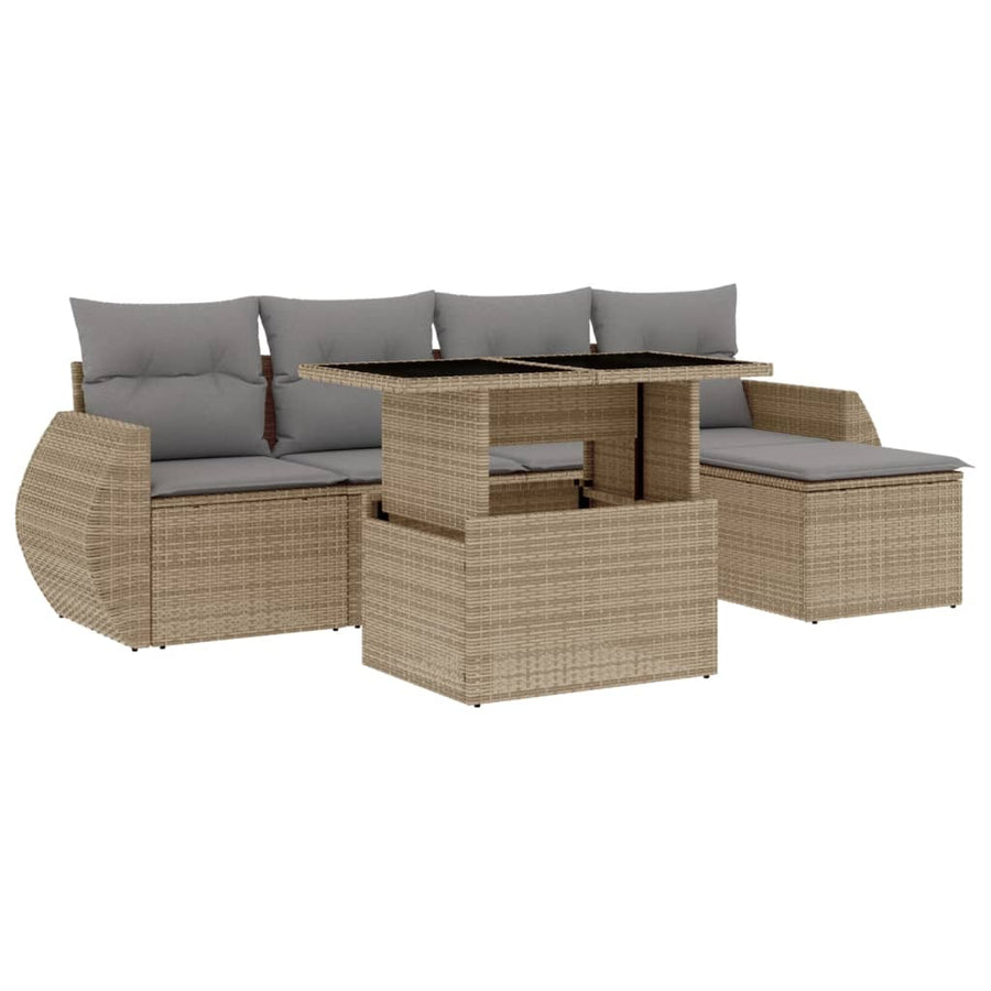 6-delige Loungeset met kussens poly rattan beige