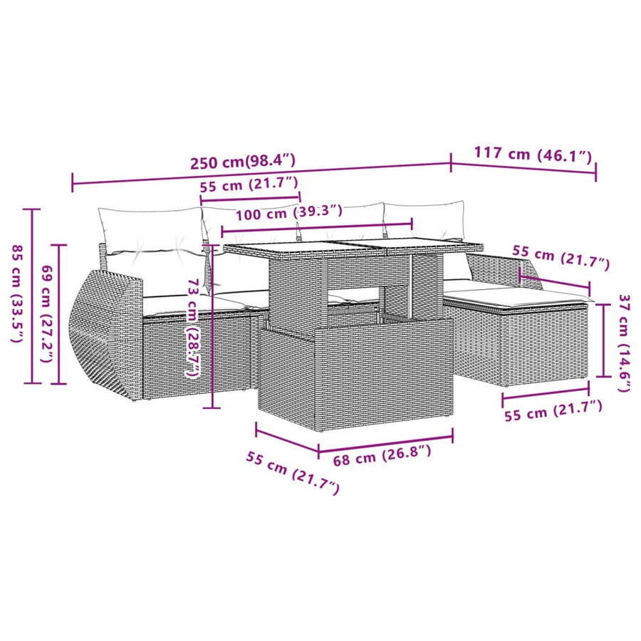 6-delige Loungeset met kussens poly rattan beige