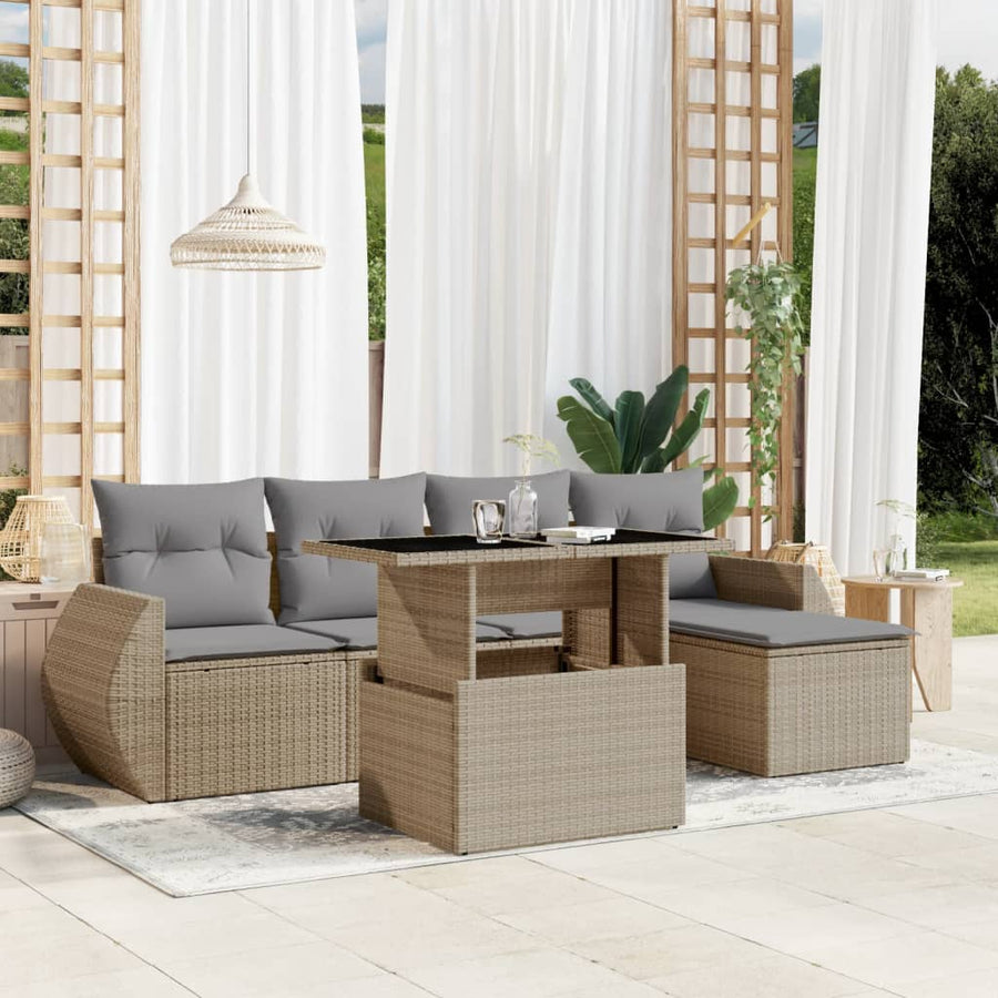 6-delige Loungeset met kussens poly rattan beige