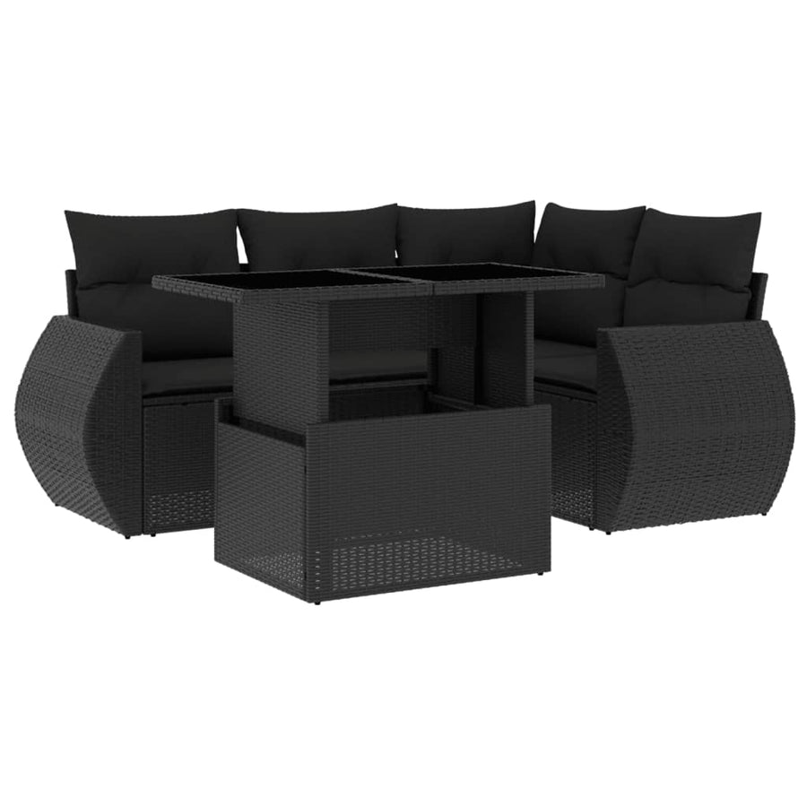 5-delige Loungeset met kussens poly rattan zwart
