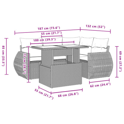 5-delige Loungeset met kussens poly rattan zwart