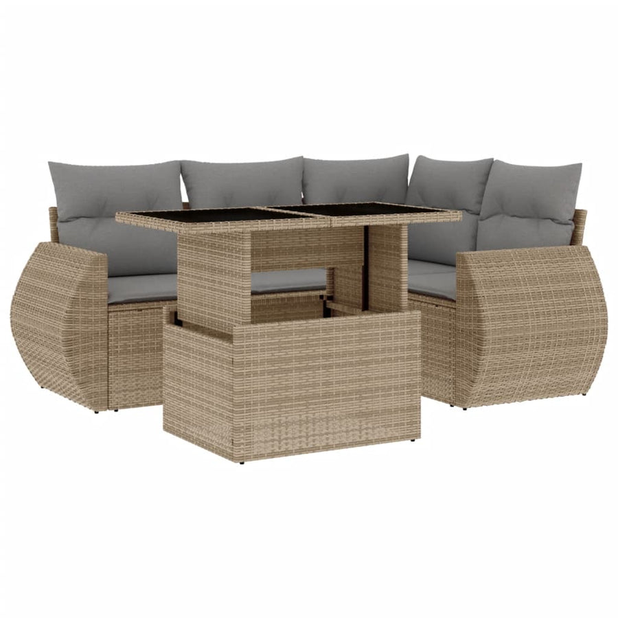 5-delige Loungeset met kussens poly rattan beige