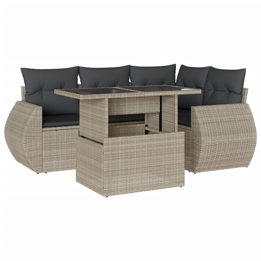 5-delige Loungeset met kussens poly rattan lichtgrijs