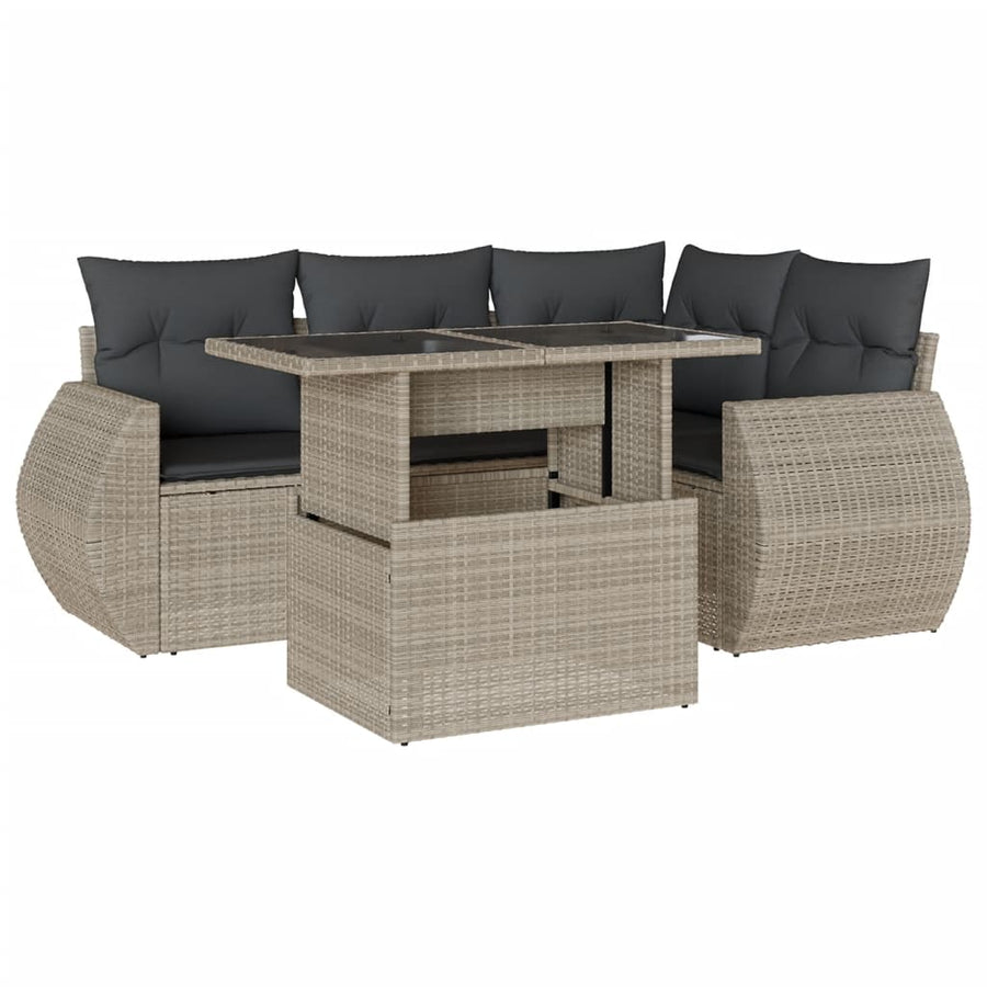 5-delige Loungeset met kussens poly rattan lichtgrijs