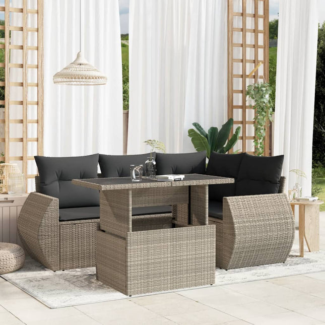 5-delige Loungeset met kussens poly rattan lichtgrijs