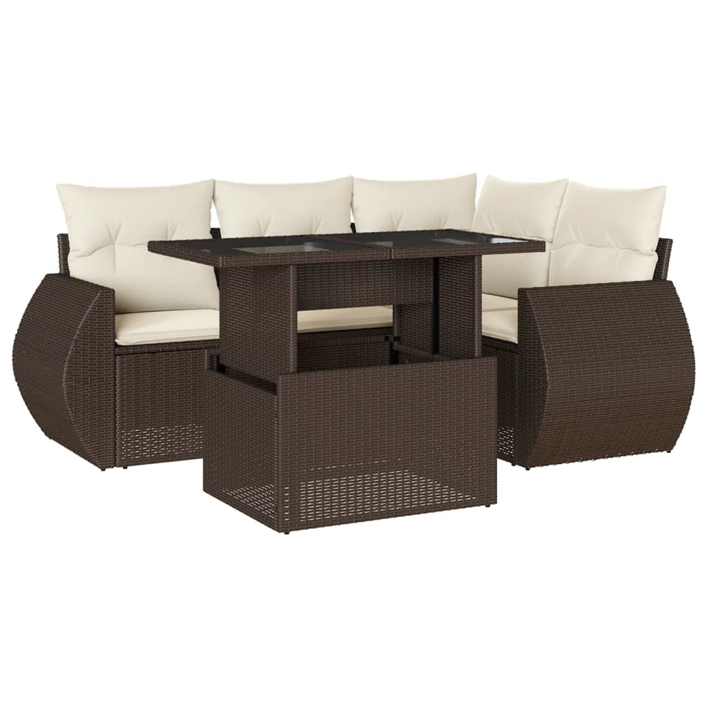 5-delige Loungeset met kussens poly rattan bruin