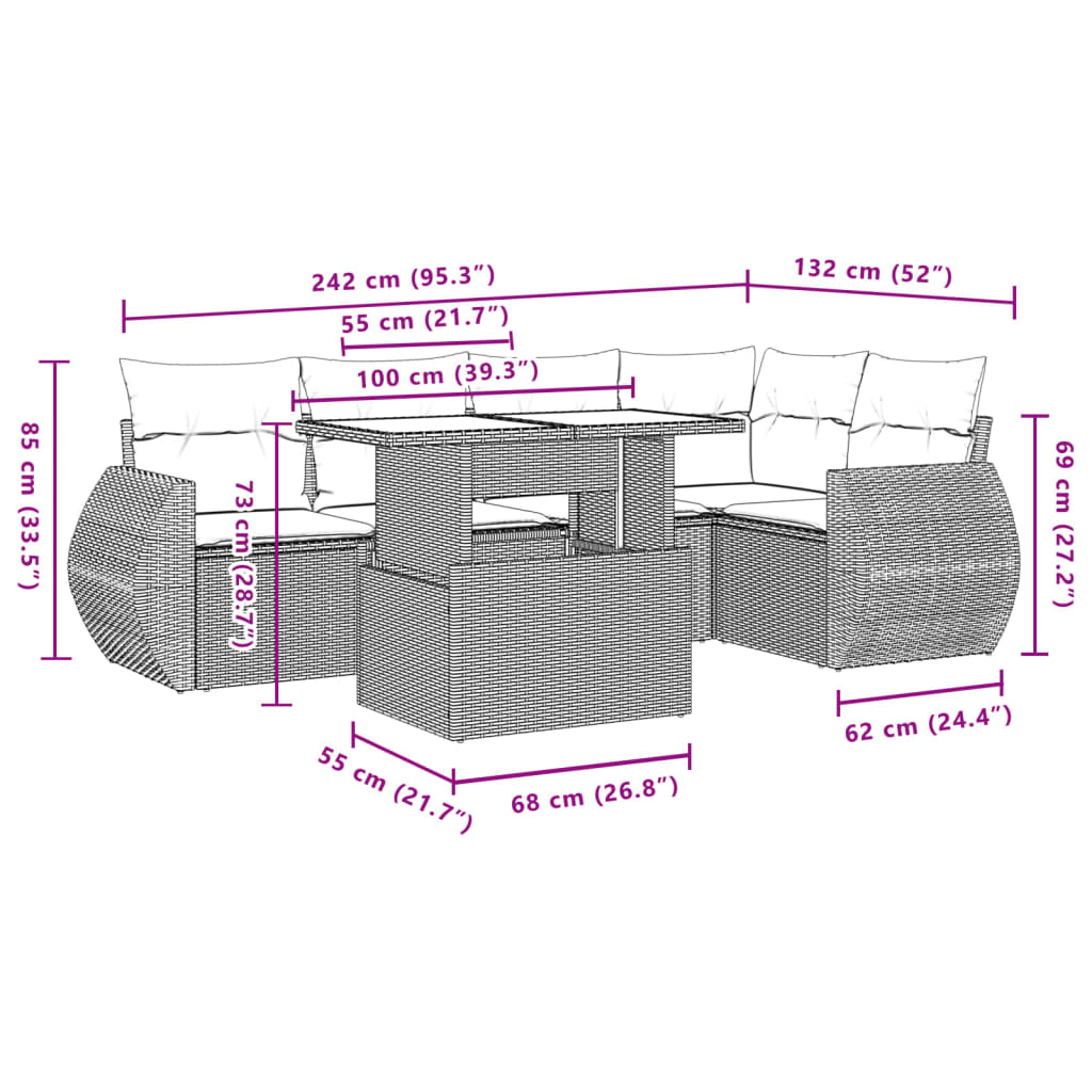 6-delige Loungeset met kussens poly rattan zwart