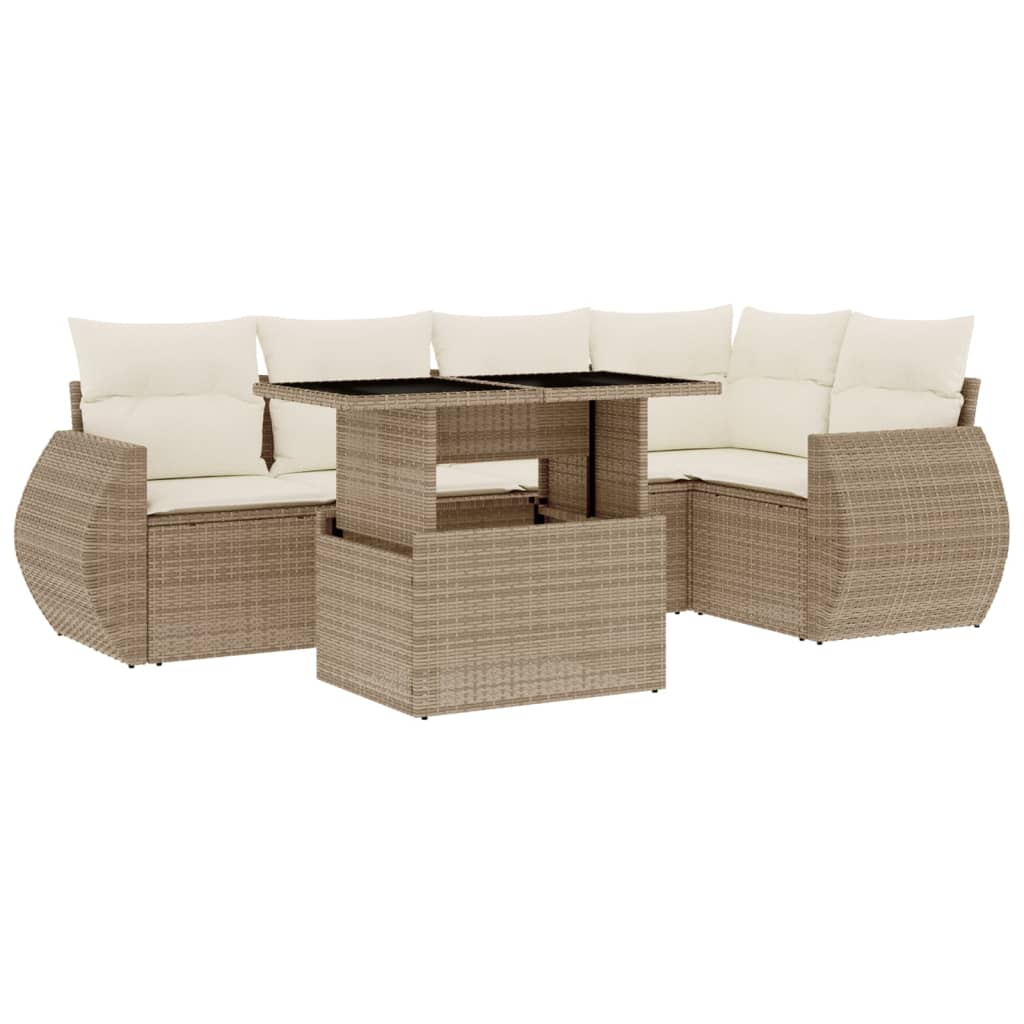 6-delige Loungeset met kussens poly rattan beige