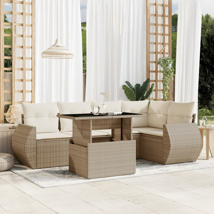6-delige Loungeset met kussens poly rattan beige