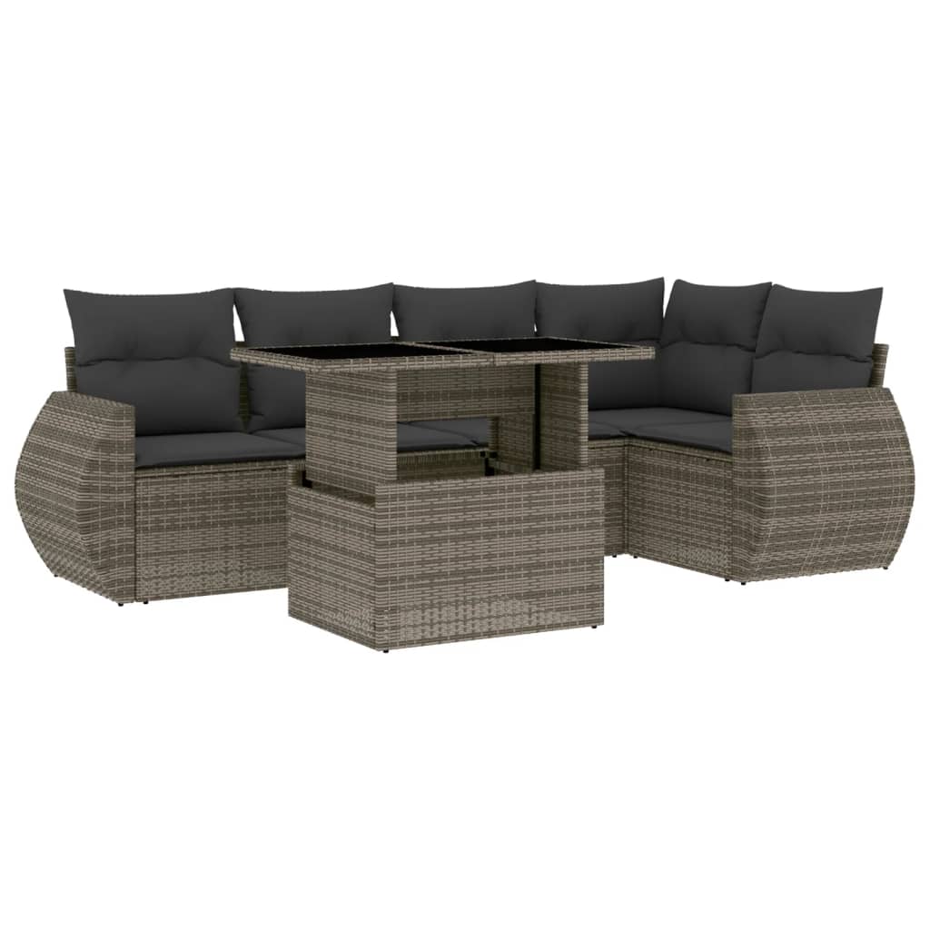 6-delige Loungeset met kussens poly rattan grijs