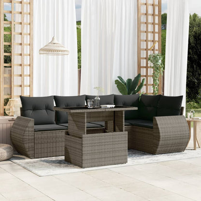 6-delige Loungeset met kussens poly rattan grijs