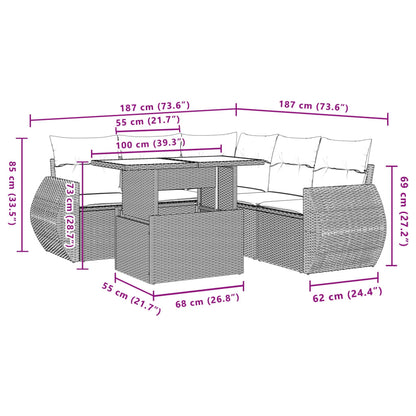 6-delige Loungeset met kussens poly rattan zwart