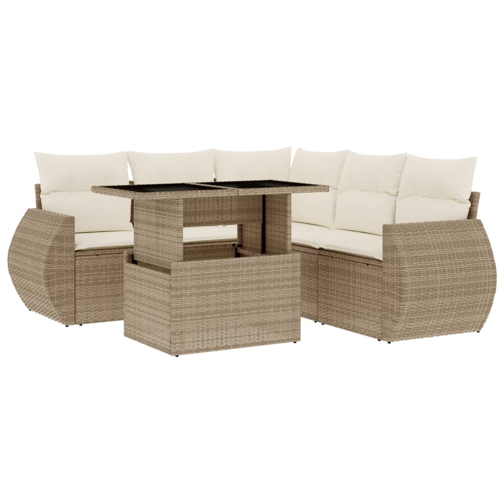 6-delige Loungeset met kussens poly rattan beige