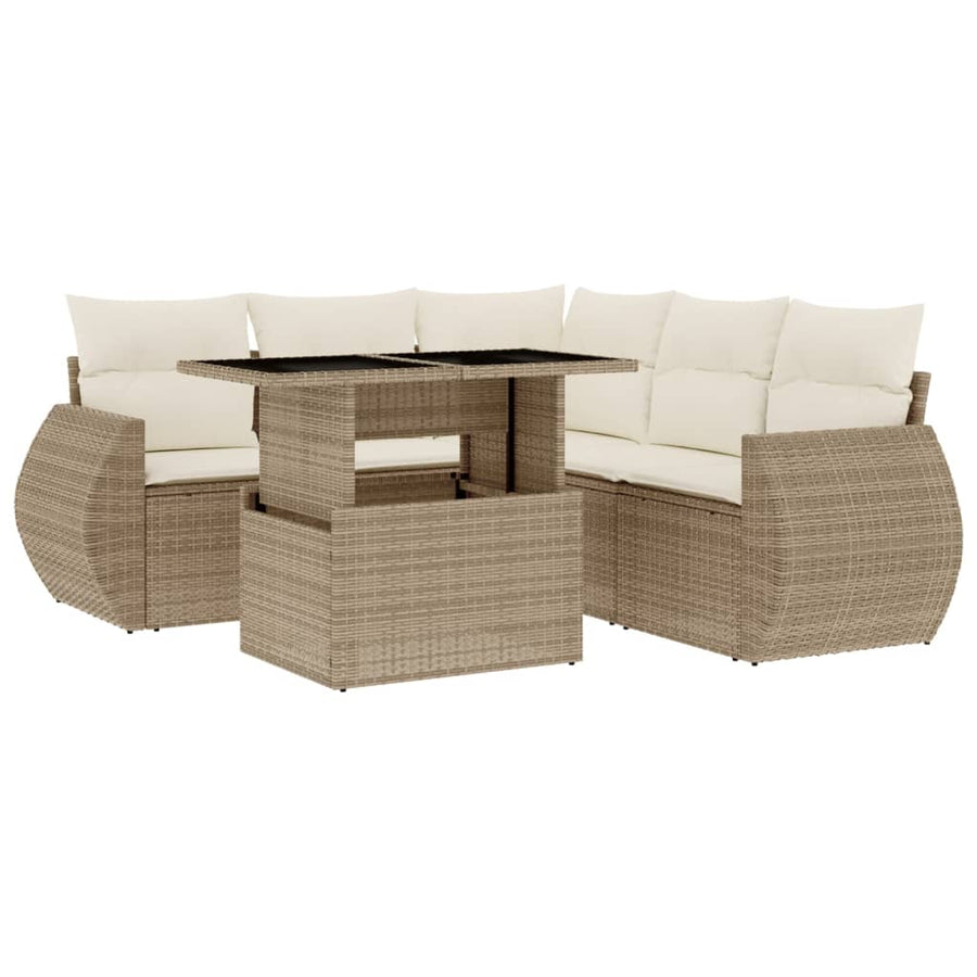 6-delige Loungeset met kussens poly rattan beige