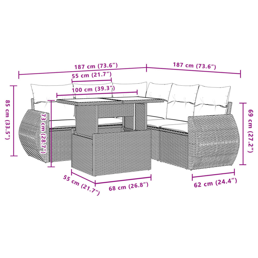 6-delige Loungeset met kussens poly rattan beige