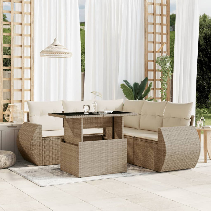 6-delige Loungeset met kussens poly rattan beige
